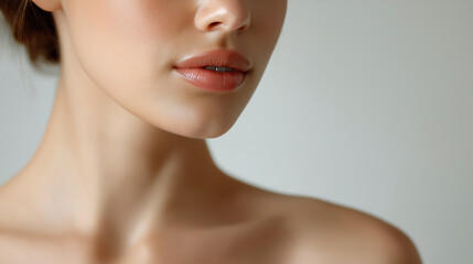 Obraz premium Minimal beauty portrait of a woman’s neck and jawline with natural skin and soft lighting. 
