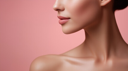 Naklejka premium Minimal beauty portrait of a woman’s neck and jawline with natural skin and soft lighting. 