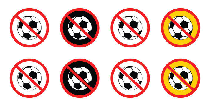 No ball games prohibited warning sign. No Soccer Ball Sign, Football Prohibited Warning Icon Vector Illustration.