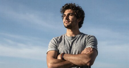 Young man standing with arms crossed looking away