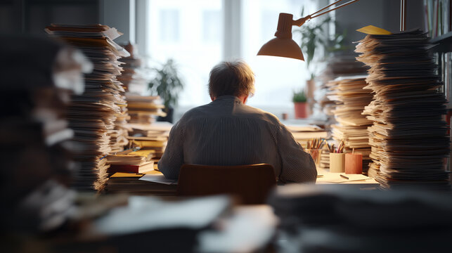 Man working late at desk surrounded by stacks of paperwork under a desk lamp.
