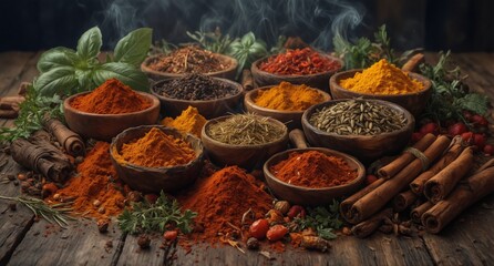 Fototapeta premium assortment of colorful spice powders and whole spices arranged in wooden bowls on rustic wood with smoke effect.