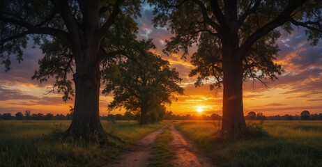 golden sunset over a rural dirt road framed by majestic ancient oak trees in a lush meadow.