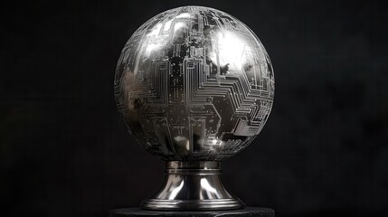 A polished chrome globe sculpture with intricate circuit board detailing sits on a dark stand
