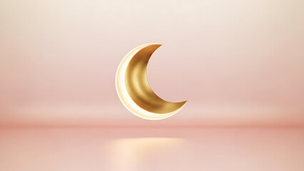 Golden crescent moon on soft pink background with reflection