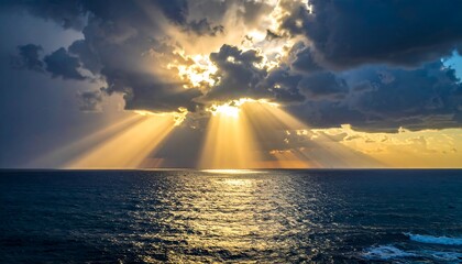 Dramatic Sun Rays Piercing Through Stormy Clouds Over the Ocean.