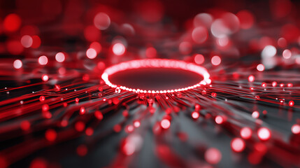 Futuristic quantum computer core with glowing data nodes and circular processor architecture.
