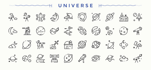 Universe icon set. Minimalist editable vector stroke. Vector artwork and illustration. Universe icon. Included astronomy, cosmos, planet and more. © Rubbble