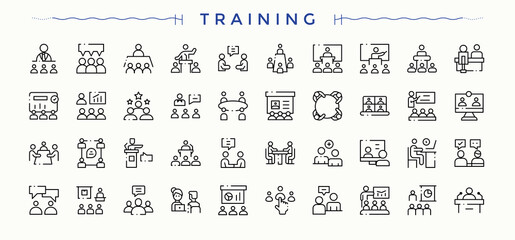 Training icon set. Thin outline icons pack. Pack of career, teamwork, seminar, coaching, workshop. Editable stroke. Vector collection. Learning icon set in linear style.