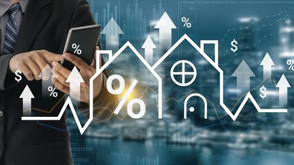 Businessman Using Smartphone to Analyze Real Estate Market Trends with Growth Indicators and Percentage Symbols Overlay on Abstract Digital Background Gluon.