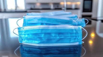 A stack of blue disposable medical face masks arranged neatly with white stitching for protection and hygiene in a clean environment