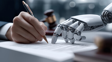 Naklejka premium Human and robotic hands signing a document together symbolizing AI and human collaboration. 
