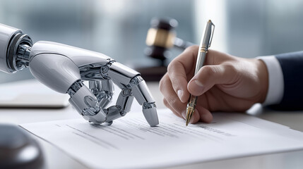 Human and robotic hands signing a document together symbolizing AI and human collaboration.
