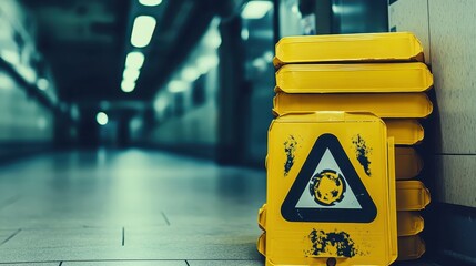 A stack of yellow biohazard warning signs with a wet floor symbol in a modern building interior