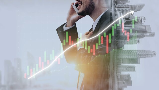 A businessman speaking on the phone with a financial graph overlay symbolizing growth. This image captures the essence of modern finance and investment in an urban setting. Copula - Powered by Adobe