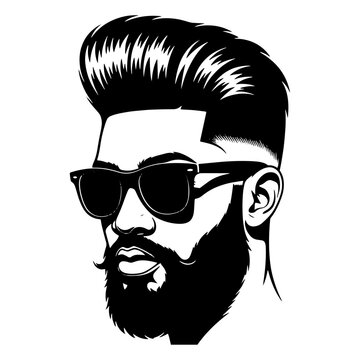 pompadour haircut, full beard, handlebar mustache, and classic black sunglasses