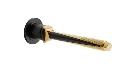 Stylish door handle with gold and black grip on marble background