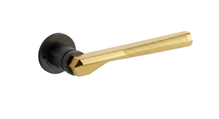 Modern door handle with golden lever on marble base isolated on white background