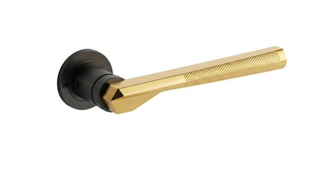 Modern door handle with golden lever on marble base isolated on white background