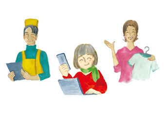 働く笑顔のシニア男女セット水彩素材