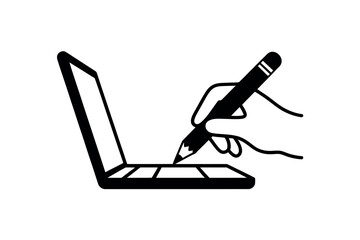 A hand using a pencil to draw on a laptop keyboard.