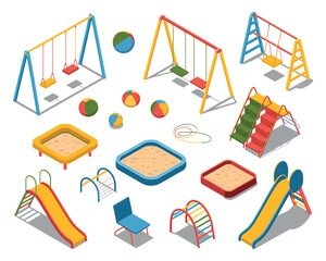 A collection of colorful playground equipment and toys arranged in an isometric view.