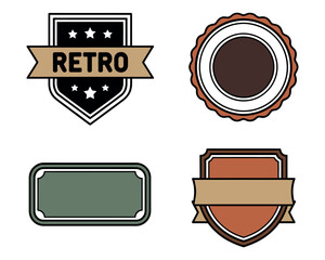 Four distinct retro badge and emblem designs are showcased against a white background.