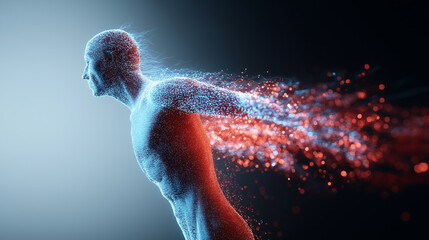 Human silhouette moving forward with an energy trail representing transformation and progress.
