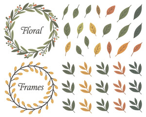 A collection of floral wreaths and decorative leaves in various colors for design purposes.