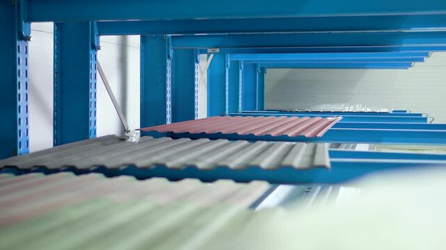 A rolling machine in the factory produces and presses metal sheets with high precision for roofing sheet manufacturing. roofing production processes. Roof sheet factory. Steel roofing forming machine.