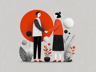 Man and woman professional handshake representing agreement and partnership on a grey background