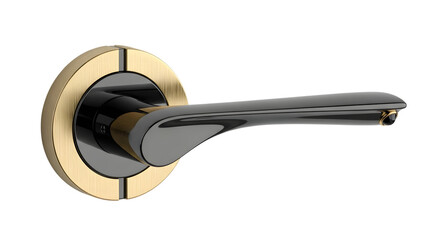 Fototapeta premium Modern black door handle with golden ring isolated on white background