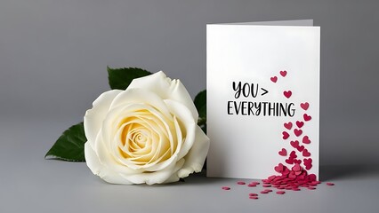 Fototapeta premium Elegant White Rose with Romantic Greeting Card and Pink Heart Confetti on Gray Background