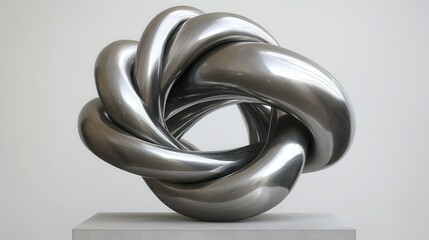 Abstract metallic sculpture with interwoven strands creating a smooth polished knot form