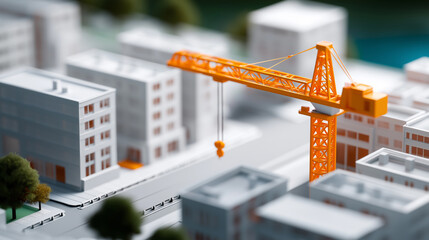 Miniature city model with a construction crane representing urban planning and development.