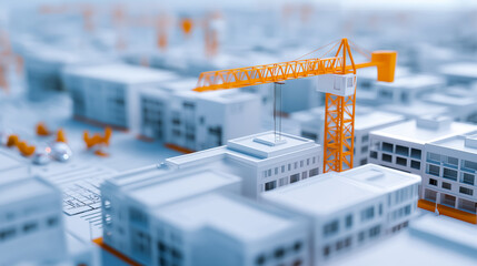 Miniature city model with a construction crane representing urban planning and development.
