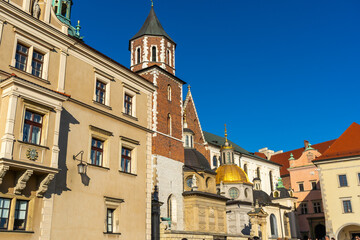 Obraz premium Wawel Castle facade in Krakow. Tower old building church architecture. Krakow, Poland