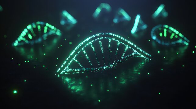 Abstract glowing double helix dna molecule with genetic strands in dark futuristic background - Powered by Adobe