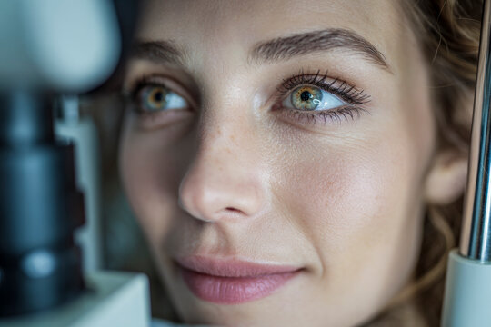Woman undergoing eye exam with slit lamp