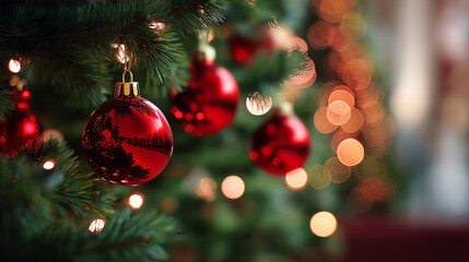 Decorated Christmas tree with red glass ornaments and warm festive lights creating a cozy holiday atmosphere.