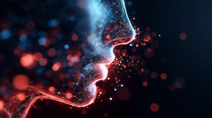 Side profile of a human face formed by glowing digital particles symbolizing artificial intelligence and consciousness.
