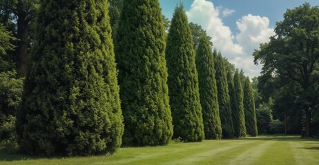 manicured cypress trees line a lush green lawn under a bright summer sky in a peaceful park setting.