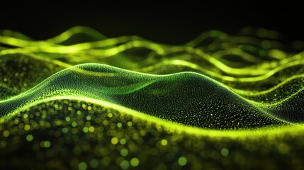 Abstract projection of pulsing green light waves symbolizing energy and data flow with glowing particles in a dark digital environment