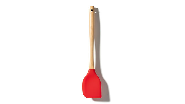 Red Silicone Spatula with Wooden Handle Isolated on White Background for Cooking and Baking