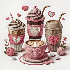 Cozy Crochet Coffee Cups and Mugs with Heart Decorations.