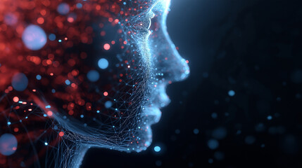 Side profile of a human face formed by glowing digital particles symbolizing artificial intelligence and consciousness.
