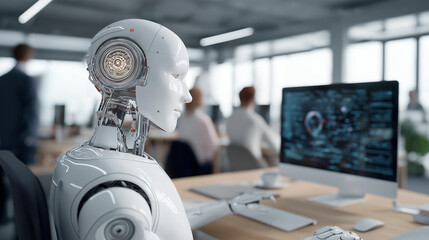 Humanoid robot collaborating with human colleagues in a modern office during a business meeting.
