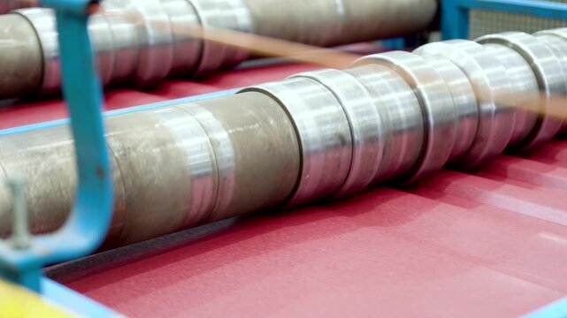 A rolling machine in the factory produces and presses metal sheets with high precision for roofing sheet manufacturing. roofing production processes. Roof sheet factory. Steel roofing forming machine.