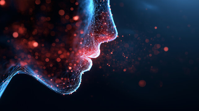 Side profile of a human face formed by glowing digital particles symbolizing artificial intelligence and consciousness.
 - Powered by Adobe