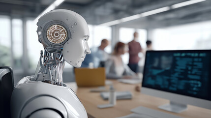 Humanoid robot collaborating with human colleagues in a modern office during a business meeting.
